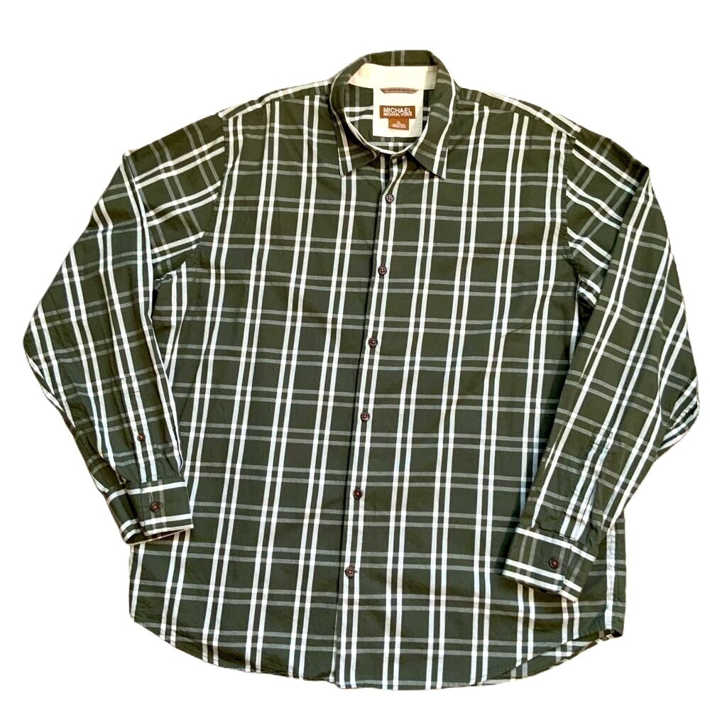 Michael Kors Green Plaid Long Sleeve Collared Button Up Preppy Mens Shirt XL